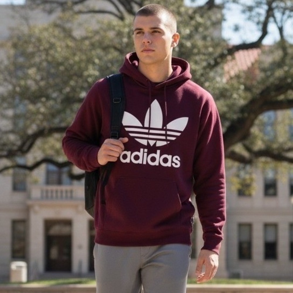 Adidas Originals Men Trefoil Hoodie Maroon Burgundy White Logo Pullover Small
